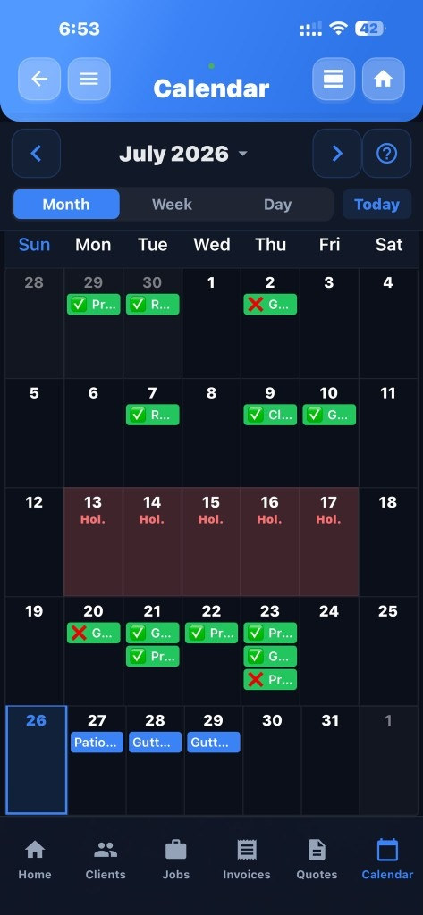 Monthly calendar with recurring round jobs already scheduled and holidays blocked out