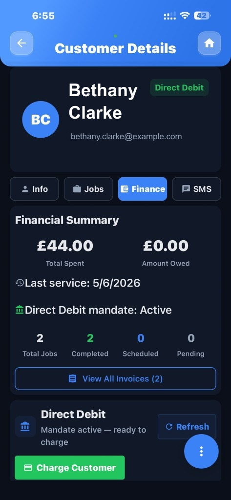 Customer financial summary showing total spent, nothing owed and an active Direct Debit mandate ready to charge