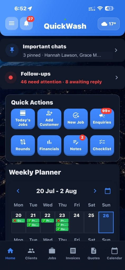 QuickWash dashboard with pinned chats, follow-ups, quick actions and a weekly planner